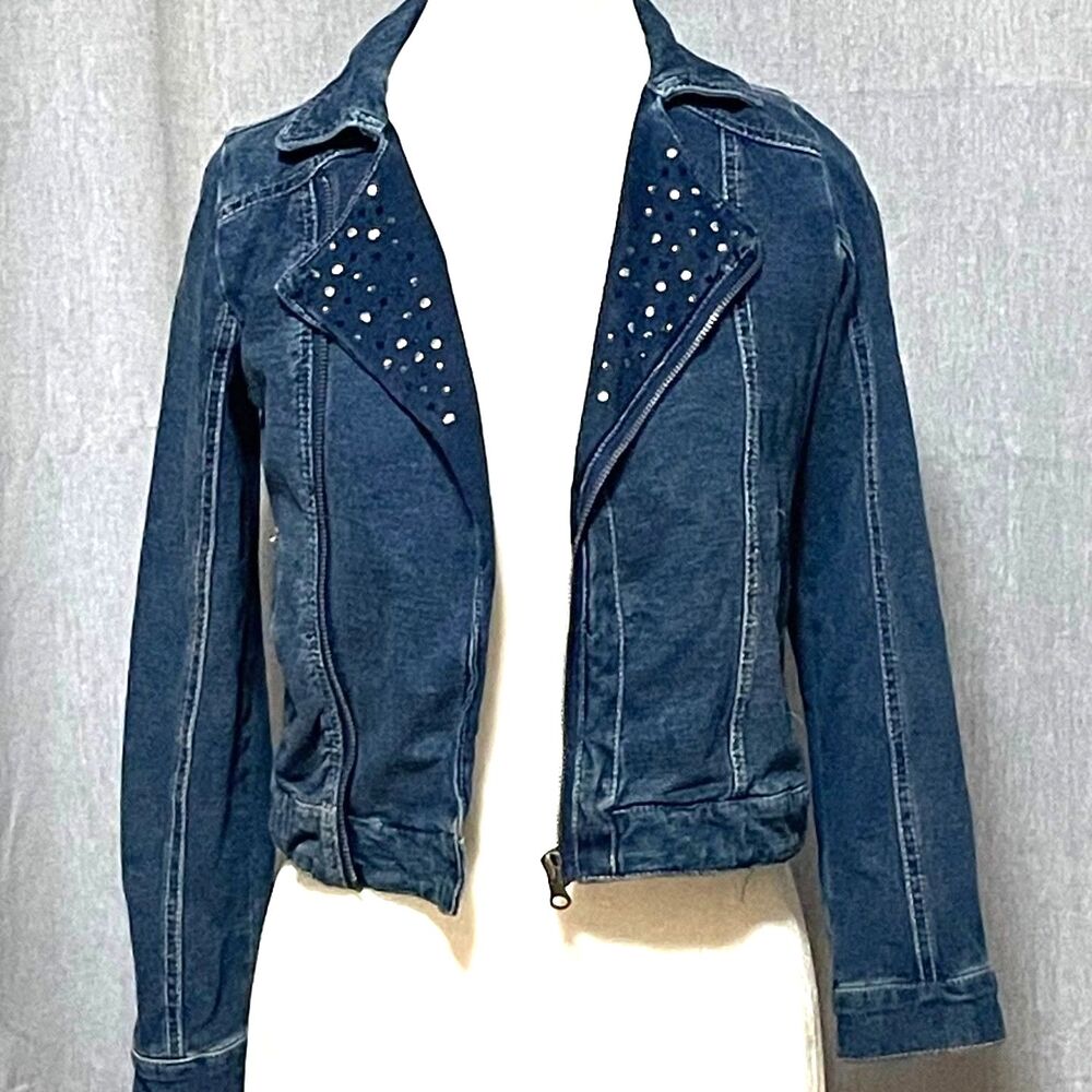 Justice Girls Studded Cotton Denim Moto Jacket Rhinestone Size 8 Back to School